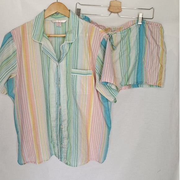 Victoria's Secret Other - Victoria's Secret Pajama Set Button Front Short Shorts Rainbow Stripes XL Cotton